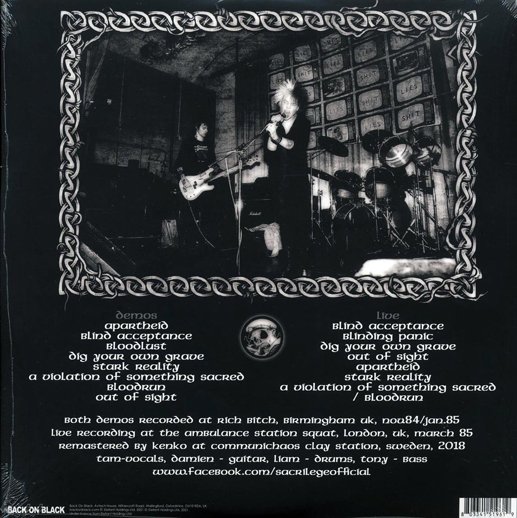 Sacrilege - Ambulance Station Squat, London, 1985 + The First & Second Demos (ltd. ed.) (splatter vinyl) vinyl LP back cover