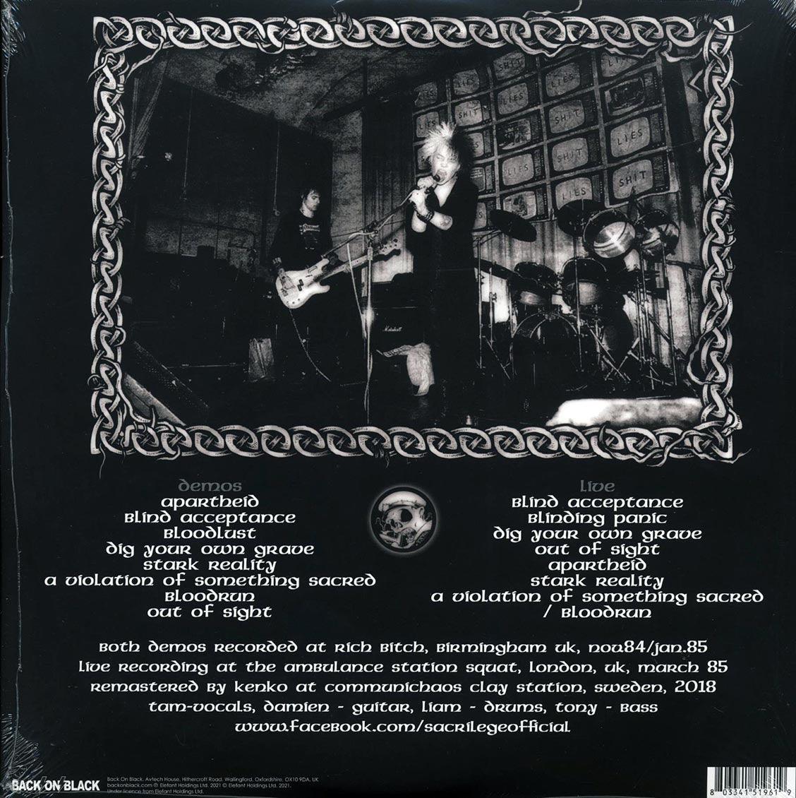 Sacrilege - Ambulance Station Squat, London, 1985 + The First & Second Demos (ltd. ed.) (splatter vinyl) vinyl LP back cover
