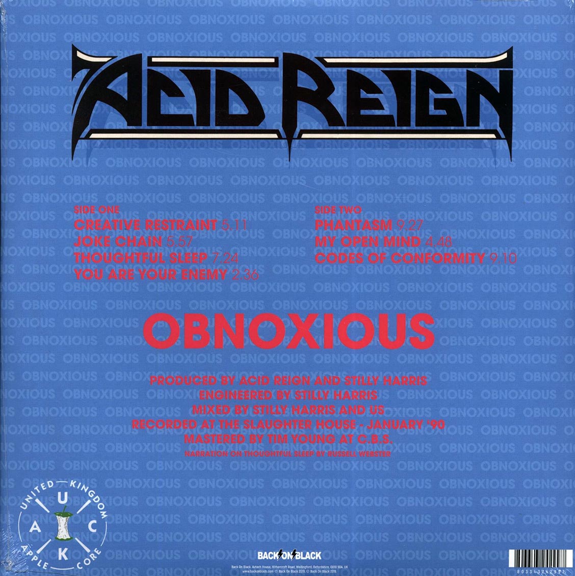 Acid Reign - Obnoxious (pink vinyl) (remastered) vinyl LP back cover