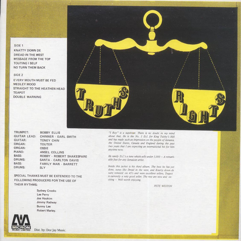 I Roy - Truths & Rights (Jamaica press) vinyl LP back cover