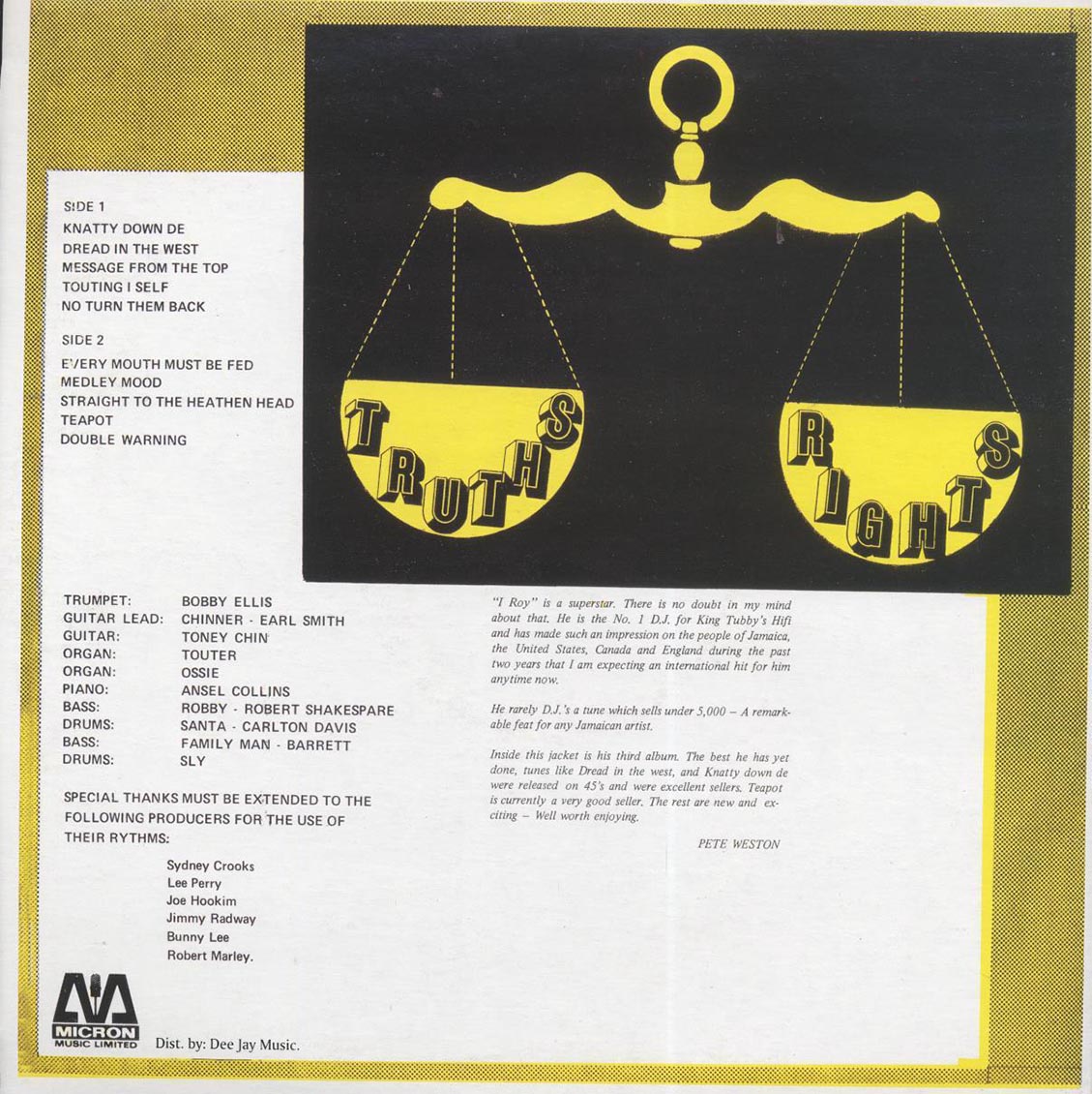 I Roy - Truths & Rights (Jamaica press) vinyl LP back cover
