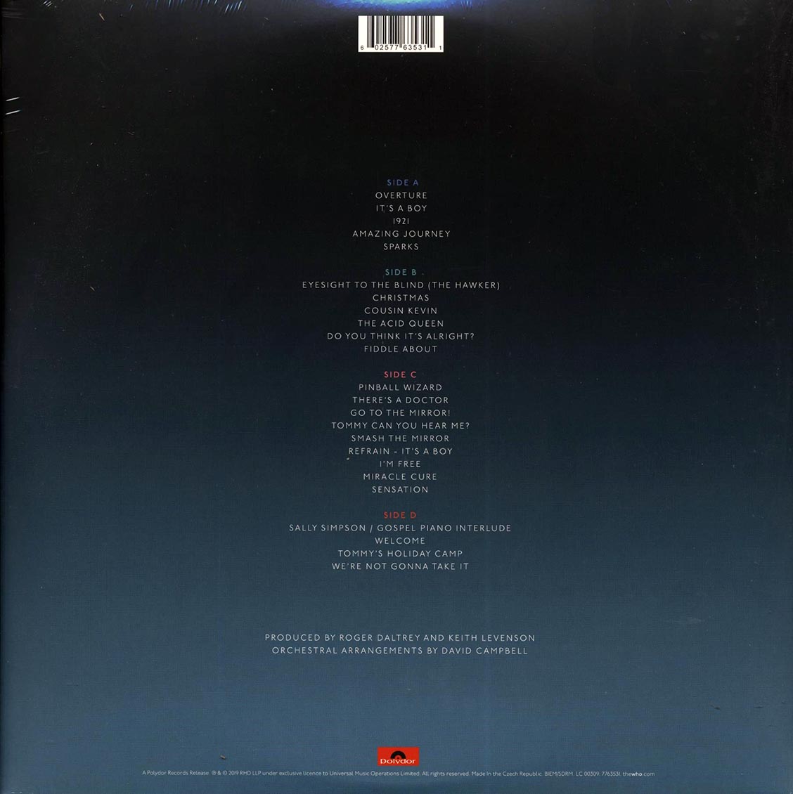 Roger Daltrey - The Who's Tommy Orchestral (24 tracks) (2xLP) vinyl LP back cover