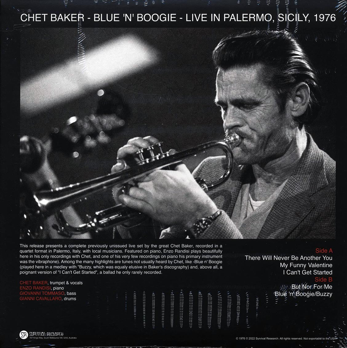 Chet Baker - Blue 'N' Boogie: Live In Palermo, Sicily, 1976 vinyl LP back cover