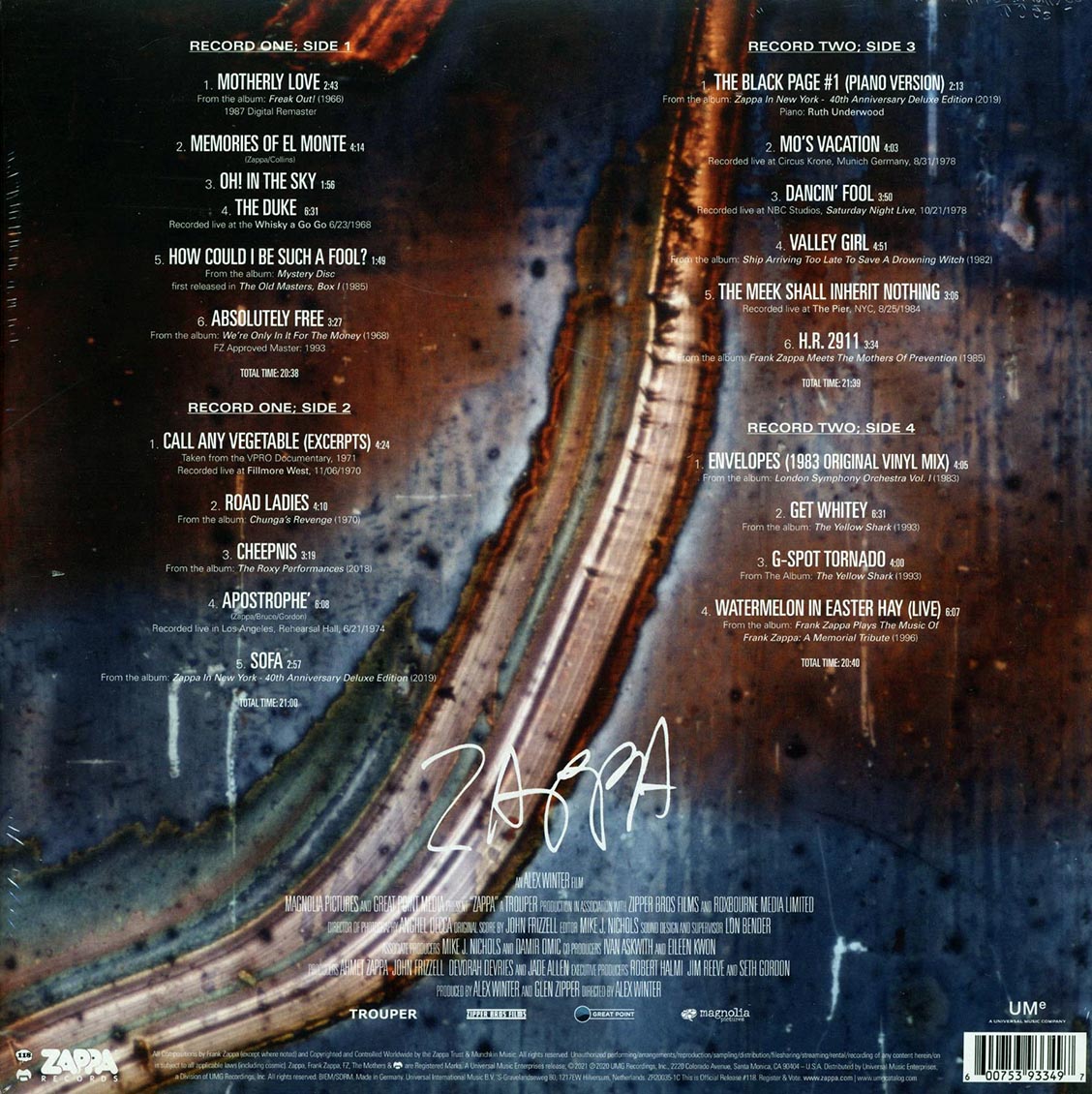Frank Zappa - Zappa: Original Motion Picture Soundtrack (2xLP) (180g) (clear vinyl) vinyl LP back cover