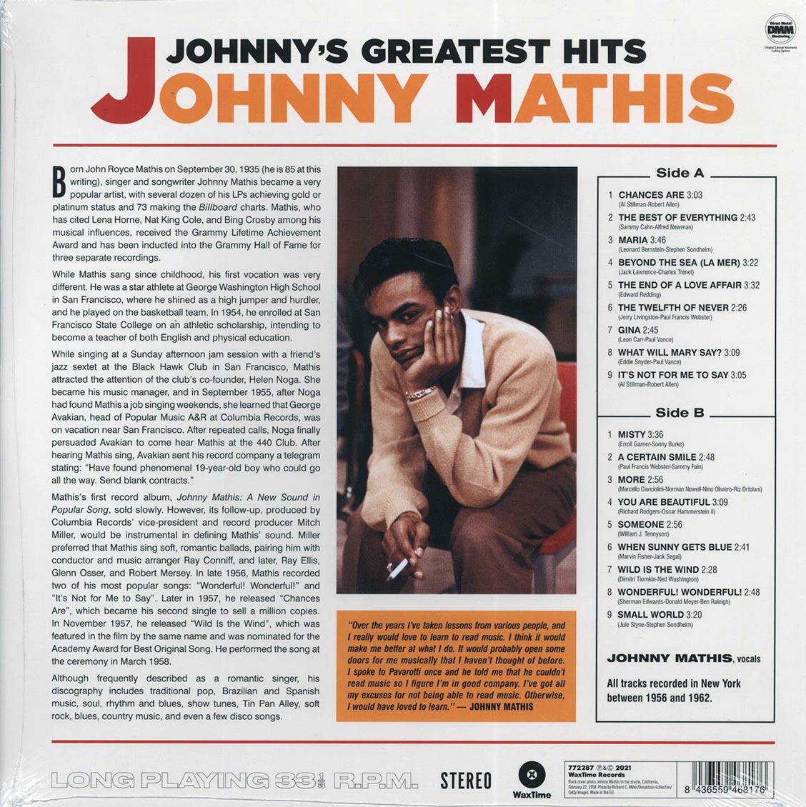 Johnny Mathis - Johnny's Greatest Hits (ltd. ed.) (180g) vinyl LP back cover