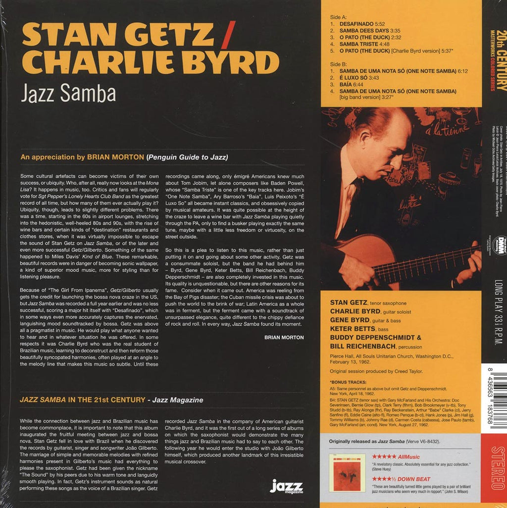 Stan Getz, Charlie Byrd - Jazz Samba (+2 bonus tracks) (ltd. ed.) (180g) (orange vinyl) vinyl LP back cover