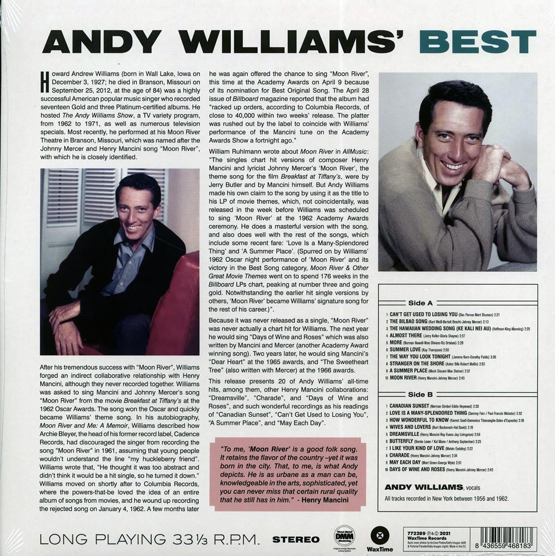 Andy Williams - Andy's Best (ltd. ed.) (180g) vinyl LP back cover