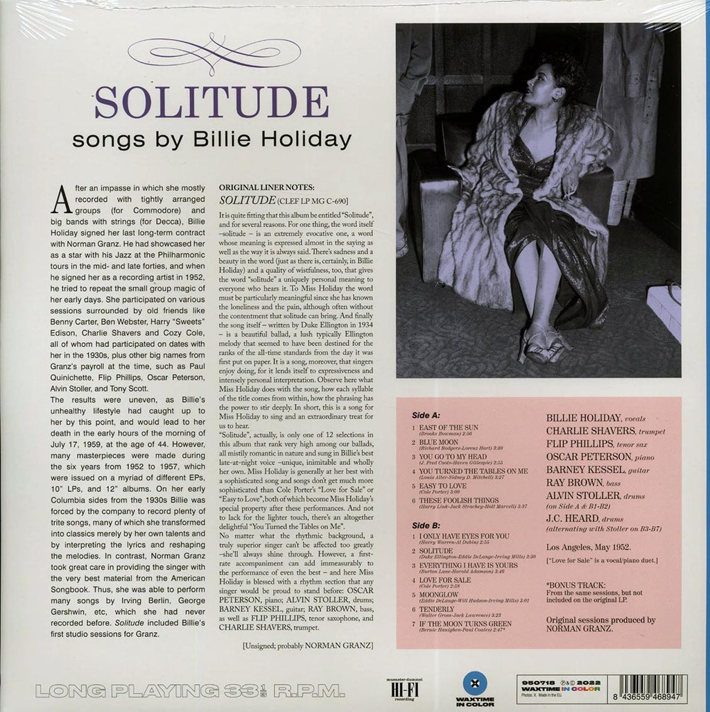 Billie Holiday - Solitude (+bonus track) (ltd. ed.) (180g) (blue vinyl) vinyl LP back cover