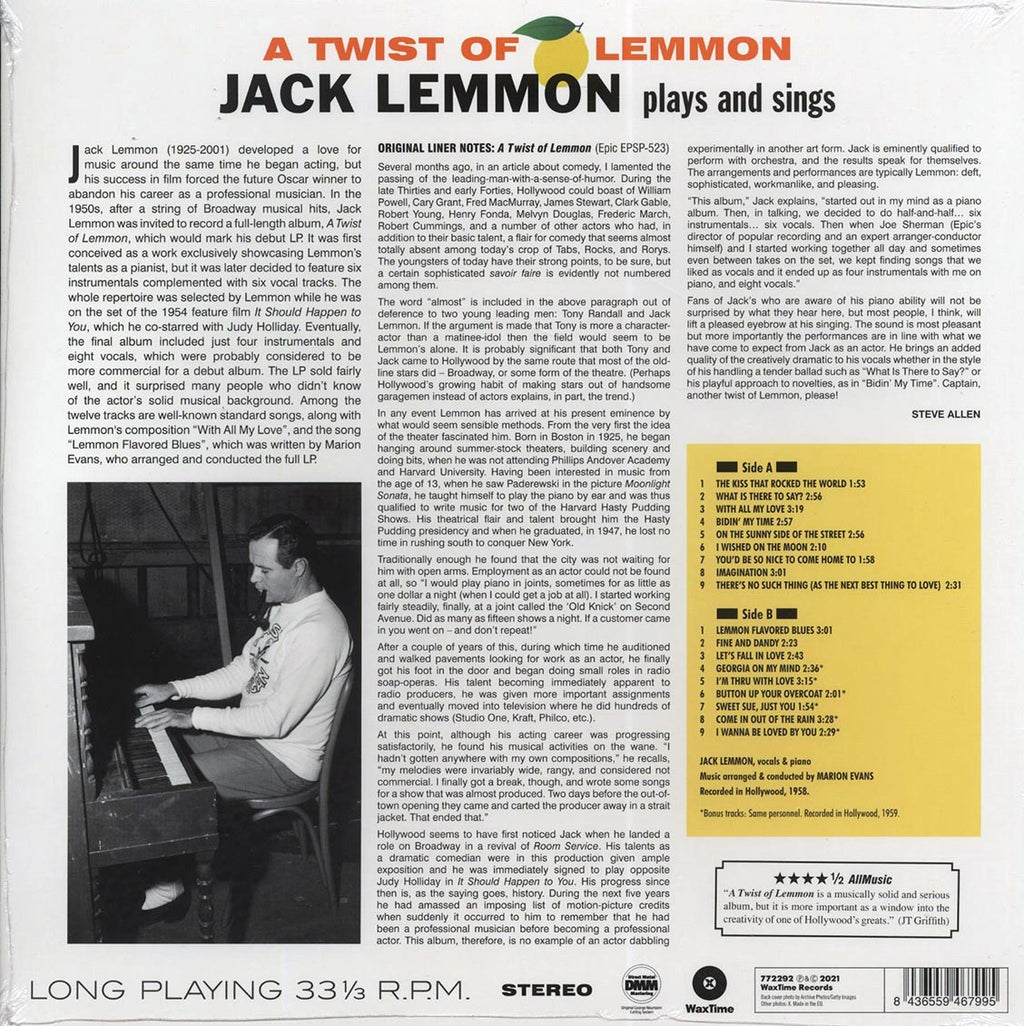 Jack Lemmon - A Twist Of Lemmon: Jack Lemmon Sings And Plays (+6 bonus tracks) (ltd. ed.) (180g) vinyl LP back cover