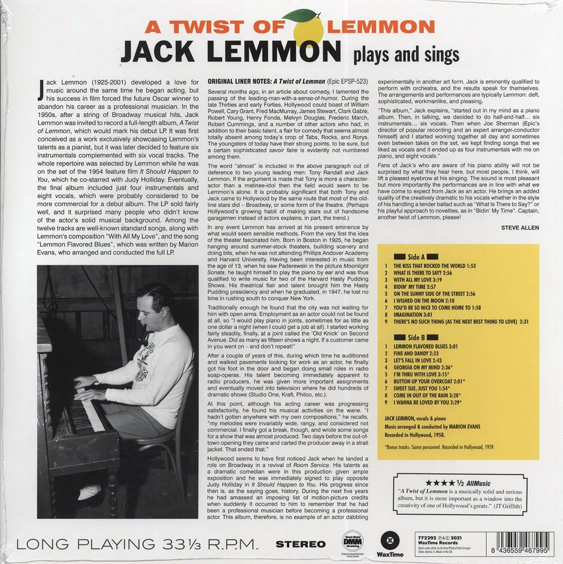 Jack Lemmon - A Twist Of Lemmon: Jack Lemmon Sings And Plays (+6 bonus tracks) (ltd. ed.) (180g) vinyl LP back cover