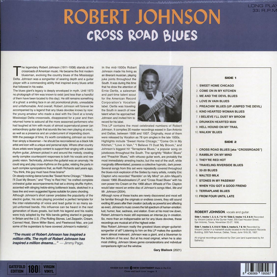 Robert Johnson - Cross Road Blues (20 tracks) (ltd. ed.) (180g) vinyl LP back cover