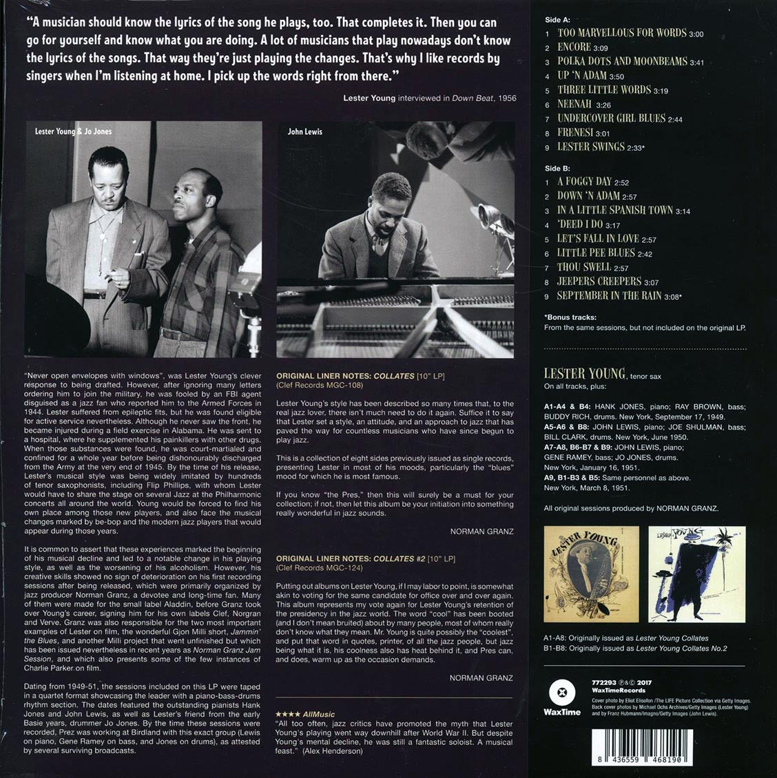 Lester Young Quartet - Collates (+2 bonus tracks) (ltd. ed.) (180g) vinyl LP back cover