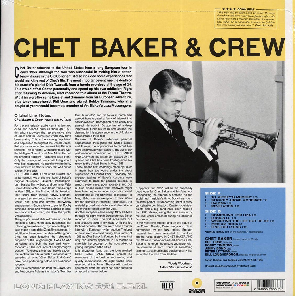 Chet Baker - Chet Baker & Crew (+bonus track) (ltd. ed.) (180g) (yellow vinyl) vinyl LP back cover
