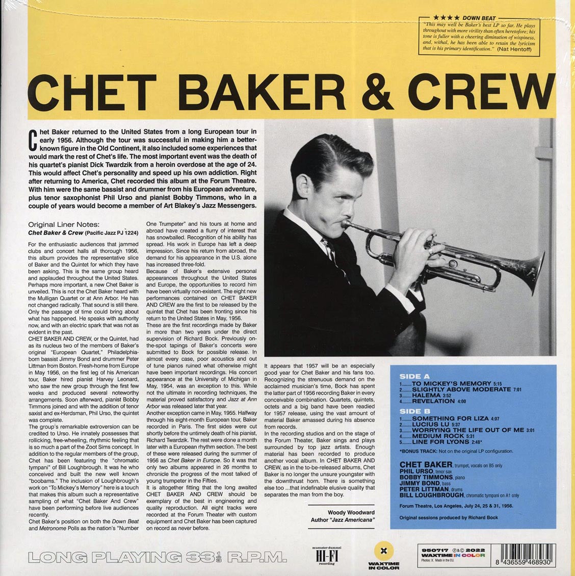 Chet Baker - Chet Baker & Crew (+bonus track) (ltd. ed.) (180g) (yellow vinyl) vinyl LP back cover