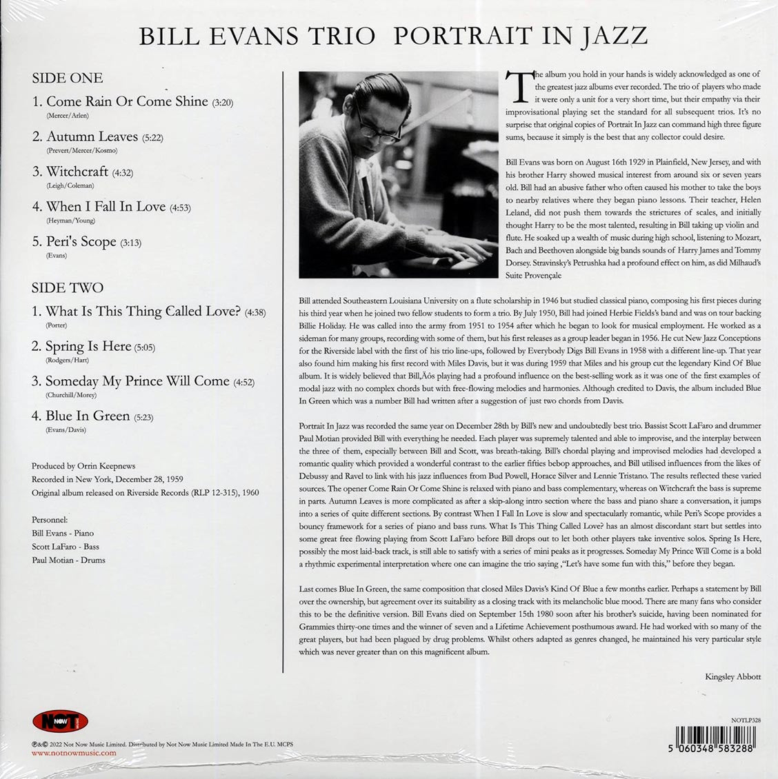 Bill Evans Trio - Portrait In Jazz (180g) vinyl LP back cover