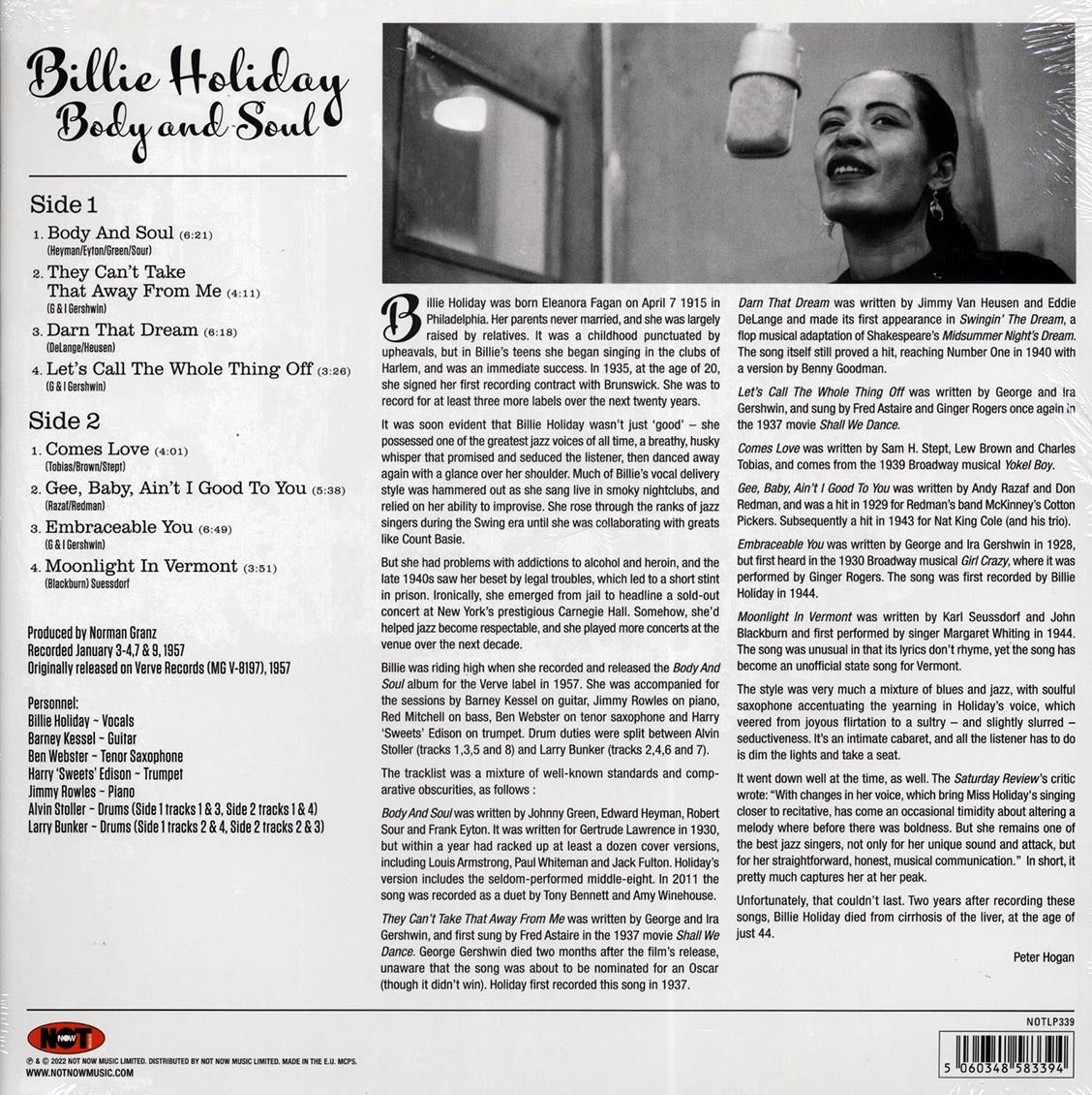 Billie Holiday - Body And Soul (180g) (colored vinyl) vinyl LP back cover