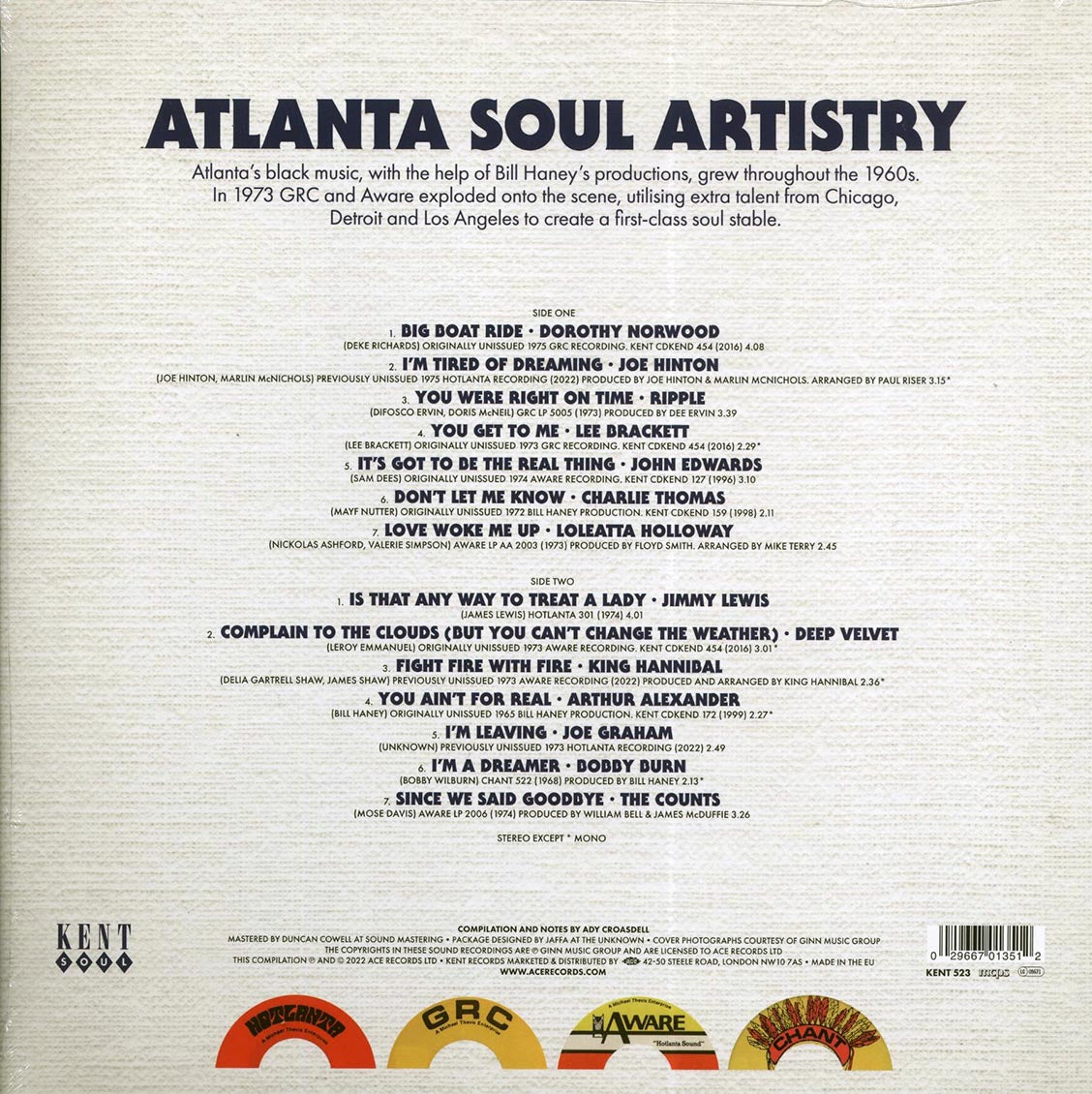 Loleatta Halloway, John Edwards, King Hannibal, Etc. - Atlanta Soul Artistry 1965-1975 vinyl LP back cover
