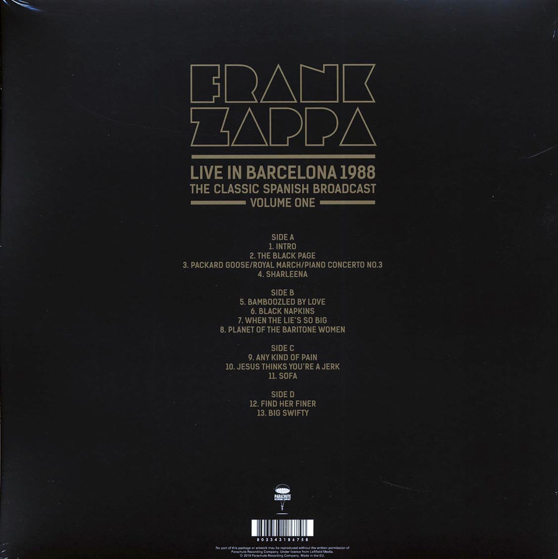 Frank Zappa - Live In Barcelona 1988 Volume 1: The Classic Spanish Broadcast (2xLP) (red vinyl) vinyl LP back cover