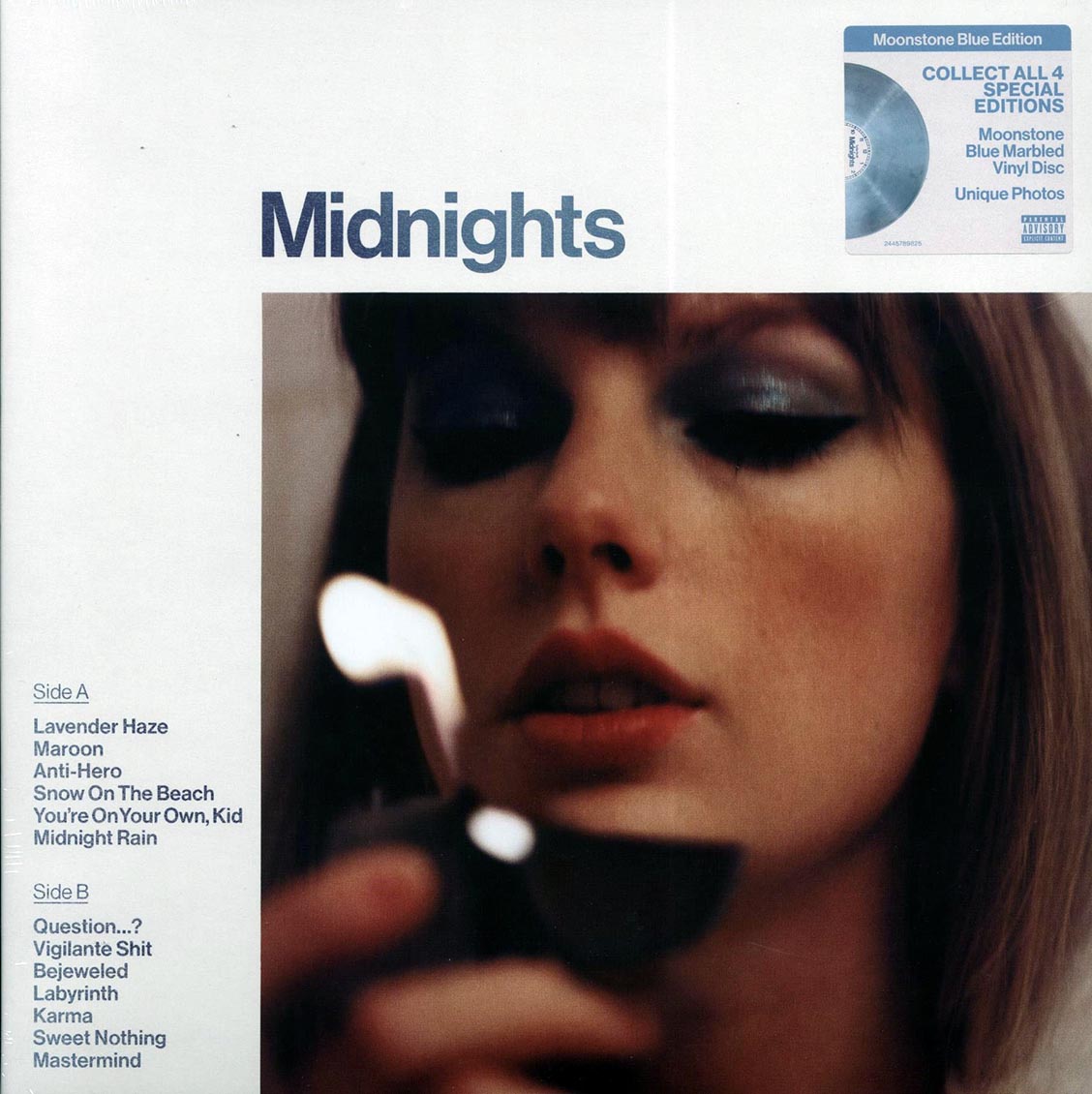 Taylor Swift - Midnights (Moonstone Blue Marbled Vinyl Edition) (blue vinyl) vinyl LP front cover