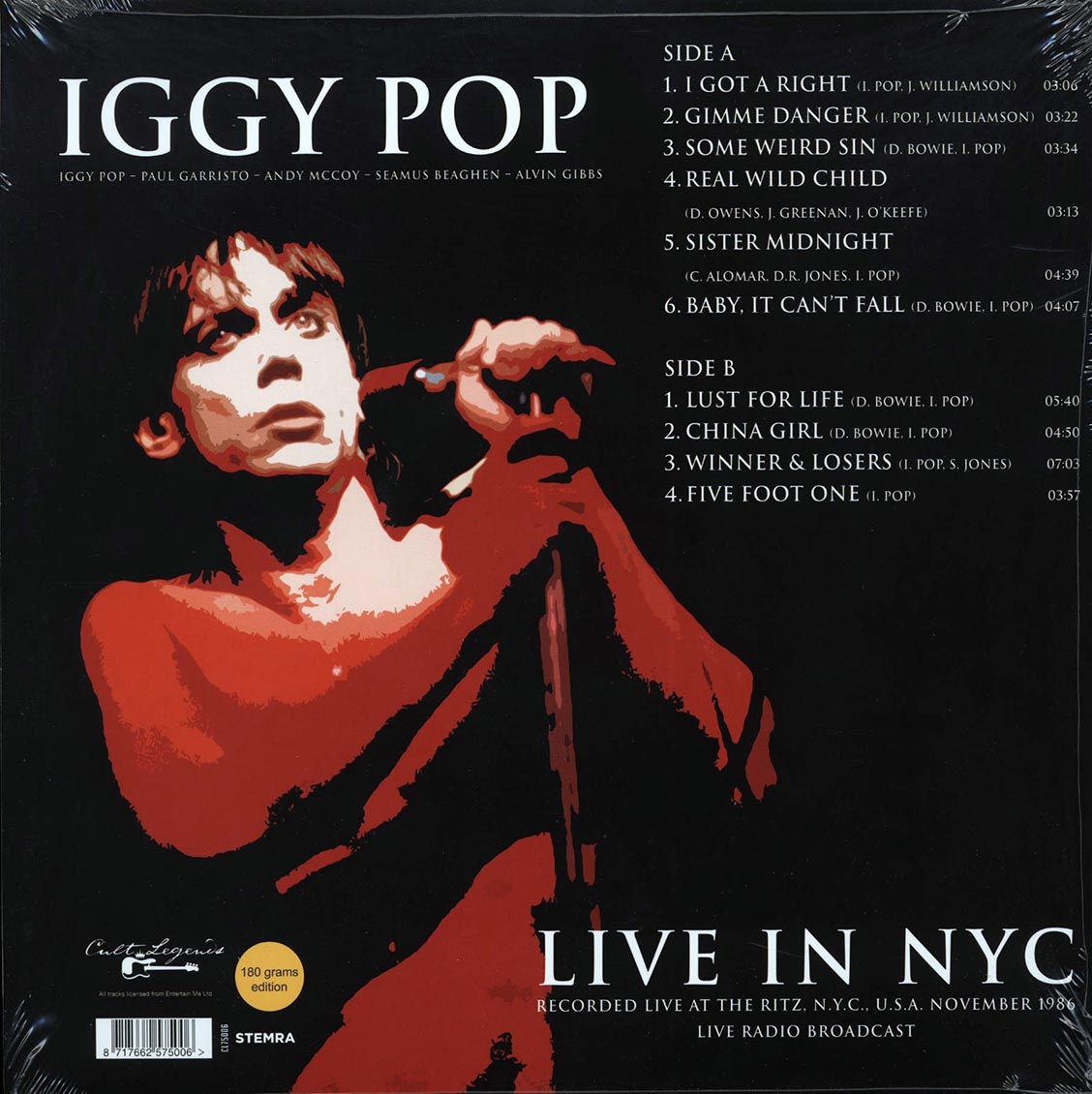Iggy Pop - Live In NYC: Recorded Live At The Ritz, NYC, USA November 1986 Live Radio Broadcast vinyl LP back cover