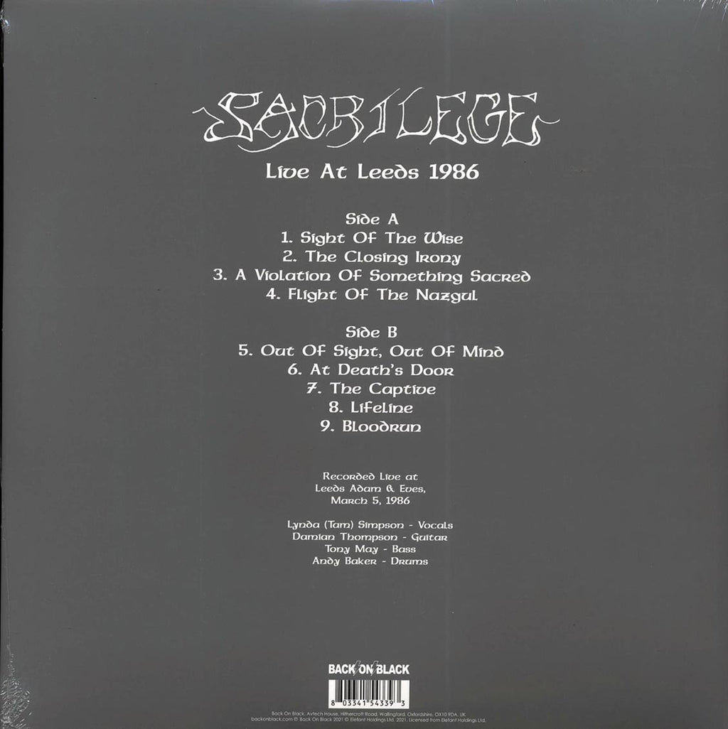 Sacrilege - Live At Leeds 1986 (ltd. ed.) (splatter vinyl) vinyl LP back cover