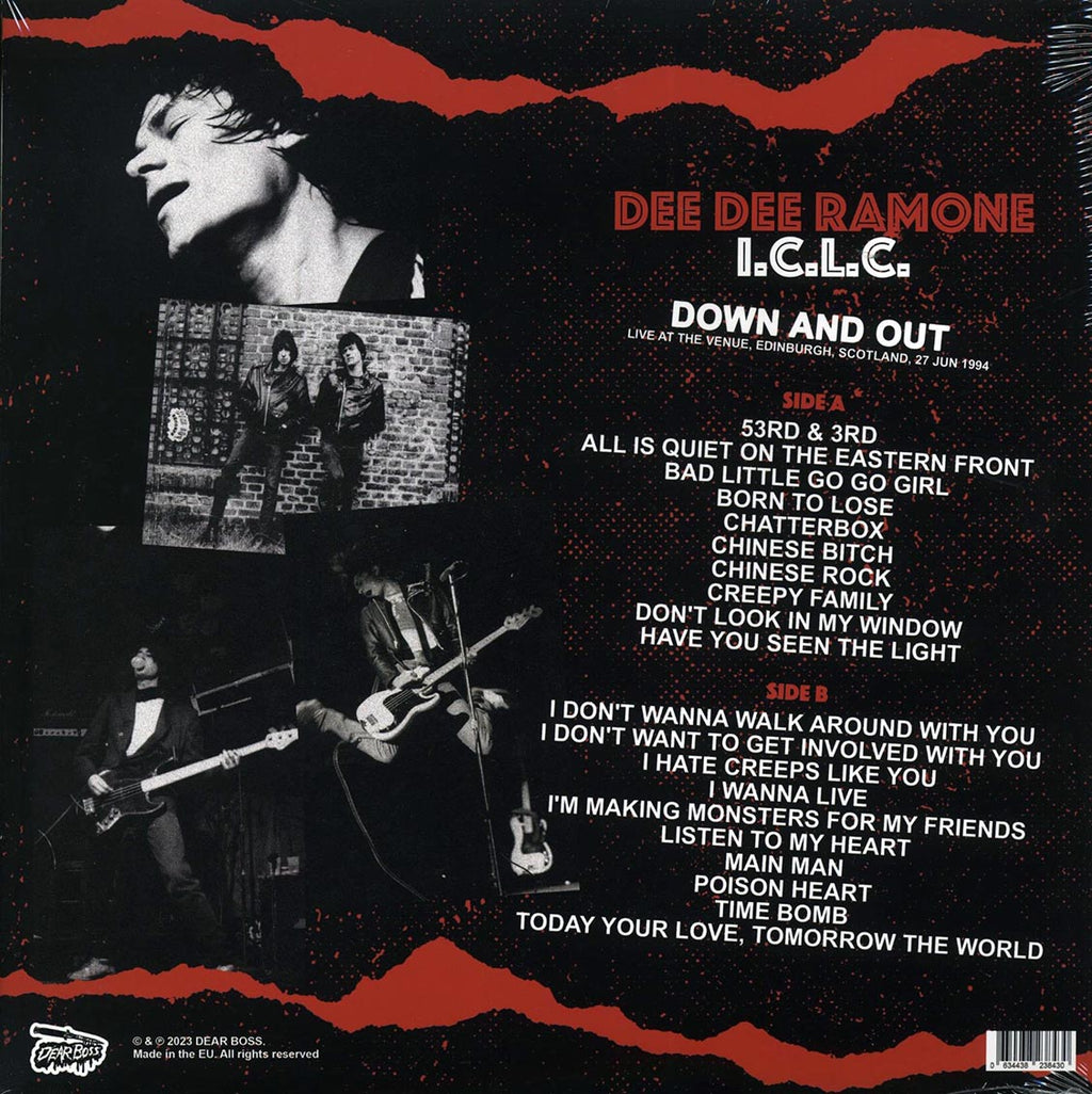 Dee Dee Ramone ICLC - Down And Out: Live At The Venue, Edinburgh, Scotland, 27 June 1994 vinyl LP back cover