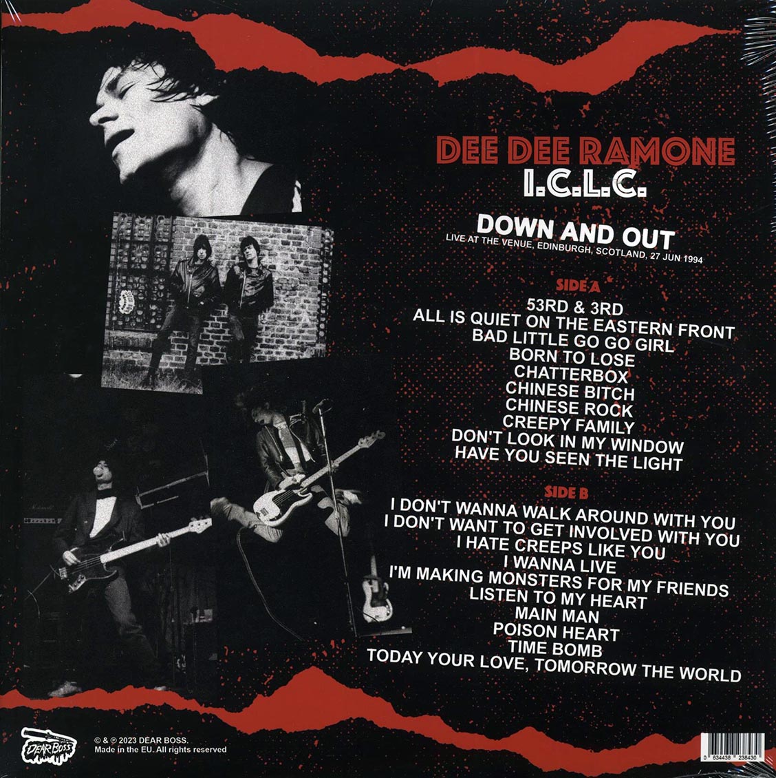 Dee Dee Ramone ICLC - Down And Out: Live At The Venue, Edinburgh, Scotland, 27 June 1994 vinyl LP back cover