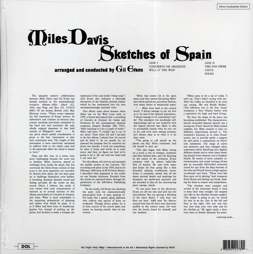 Miles Davis - Sketches Of Spain (180g) vinyl LP back cover