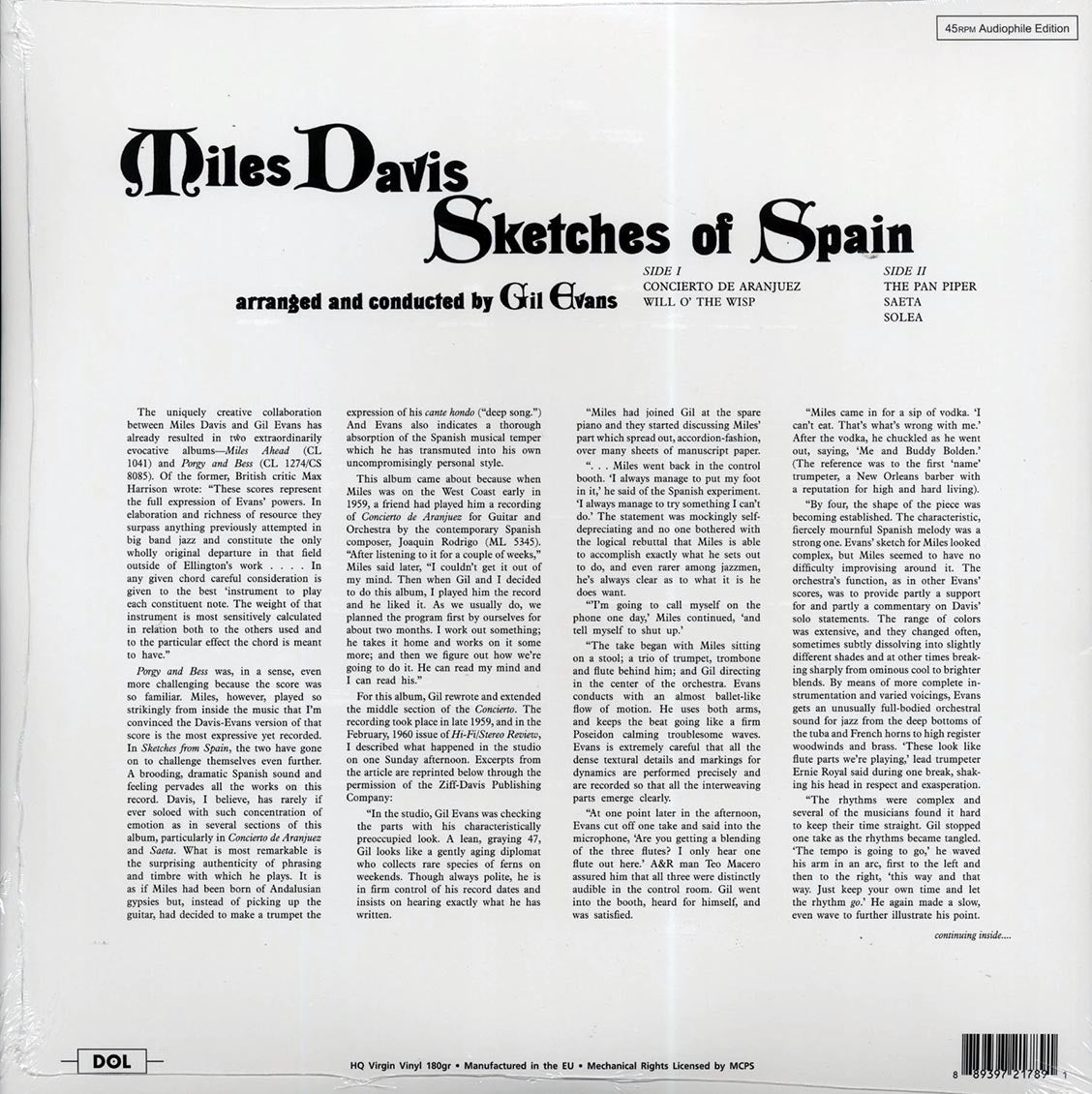 Miles Davis - Sketches Of Spain (180g) vinyl LP back cover