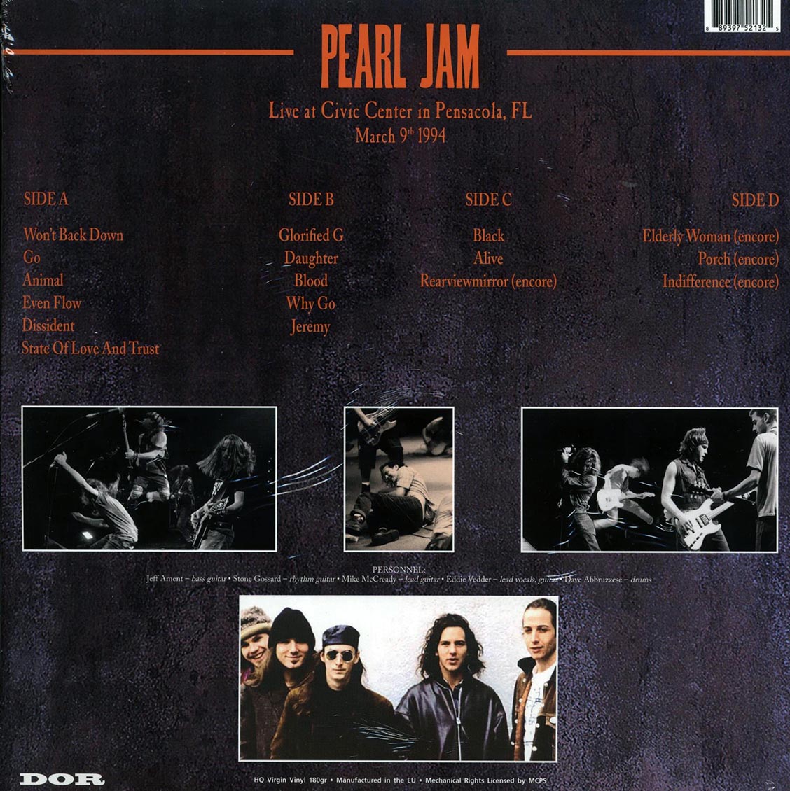 Pearl Jam - Live At Civic Center, Pensacola, FL March 9th 1994 (2xLP) (180g) (yellow vinyl) vinyl LP back cover