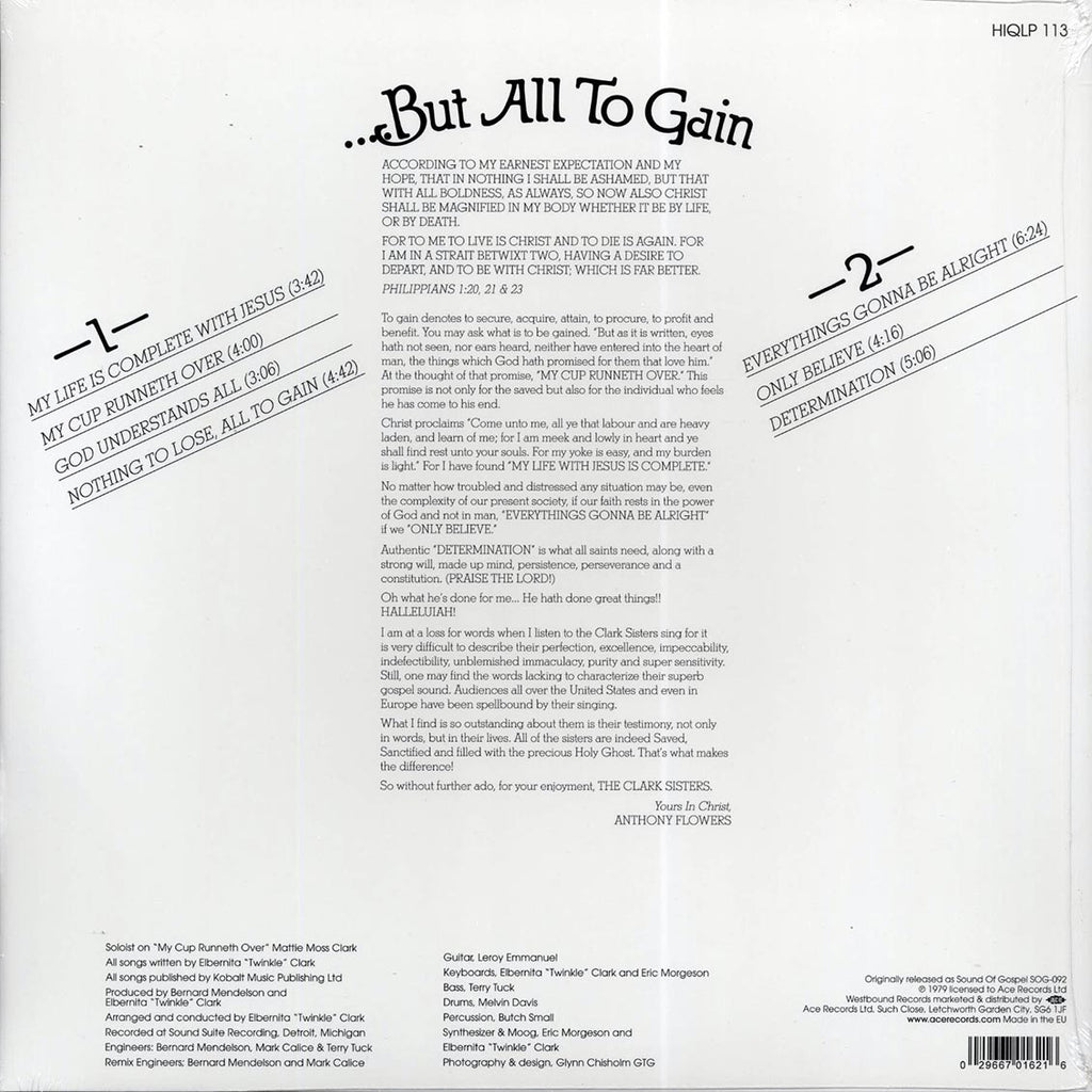 The Clark Sisters - He Gave Me Nothing To Lose But All To Gain vinyl LP back cover