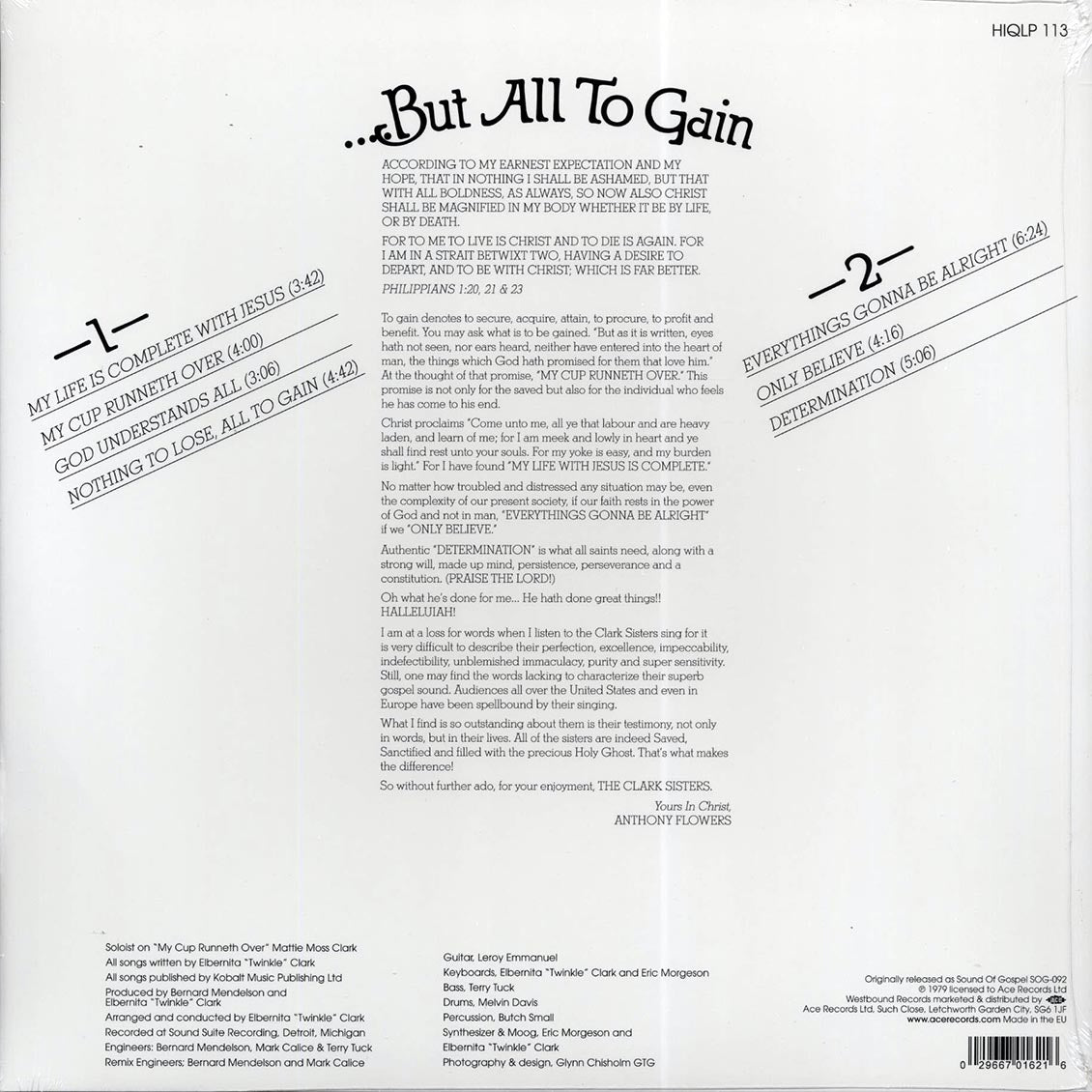 The Clark Sisters - He Gave Me Nothing To Lose But All To Gain vinyl LP back cover
