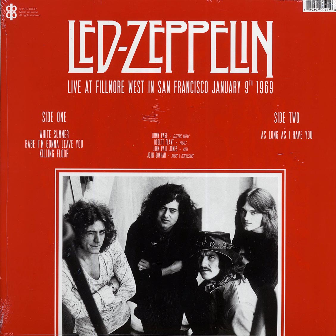 Led Zeppelin - Live At Fillmore West In San Francisco January 9th 1969 vinyl LP back cover