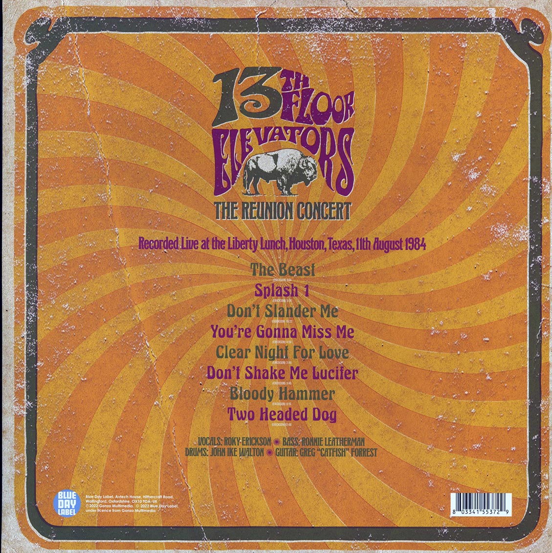 The 13th Floor Elevators - The Reunion Concert: Liberty Lunch, Houston, Texas, 11th August 1984 (2xLP) (yellow vinyl) vinyl LP back cover