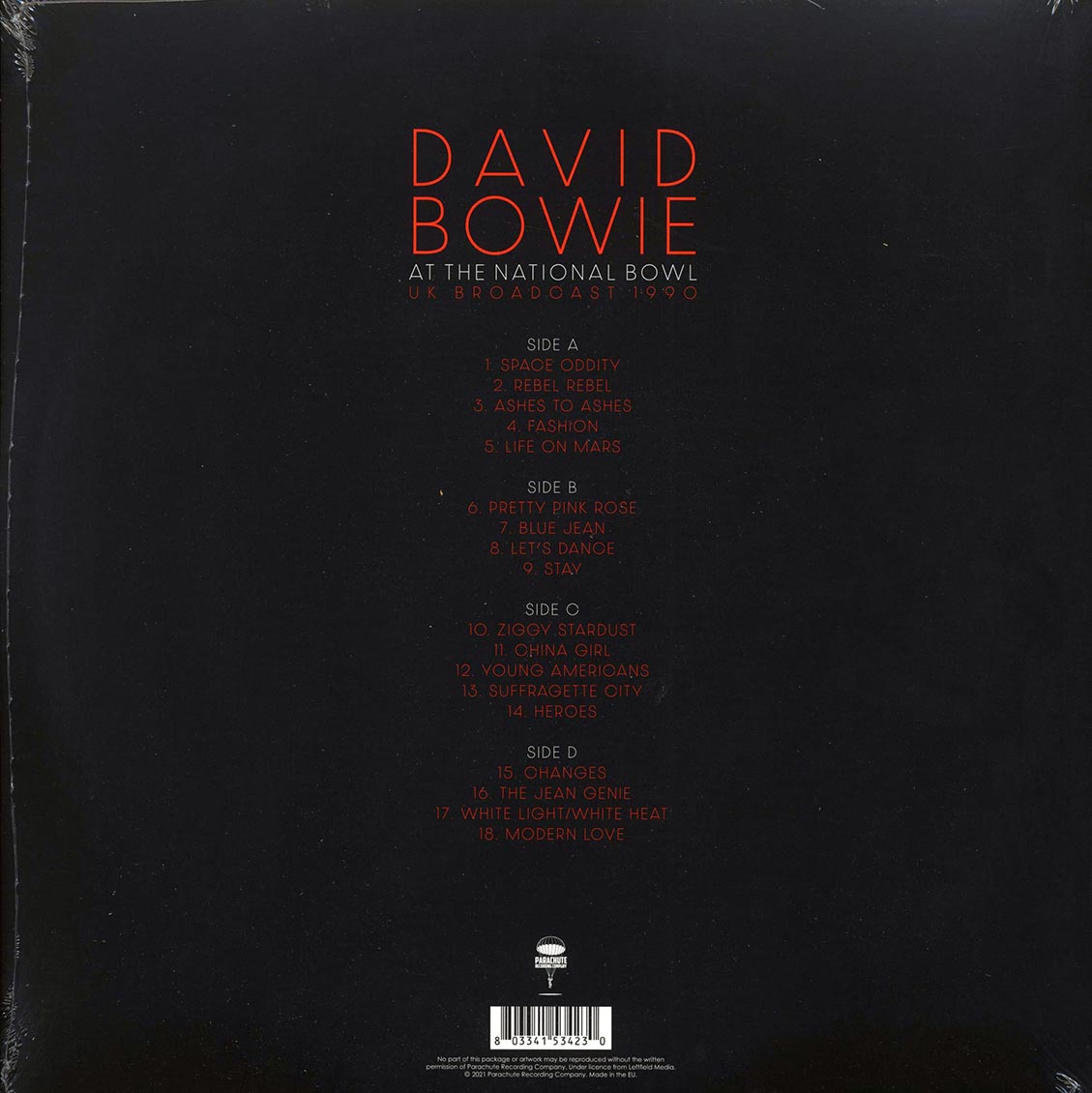 David Bowie - At The National Bowl UK Broadcast 1990: Milton Keynes, England, August 5th 1990 (ltd. ed.) (2xLP) (white vinyl) vinyl LP back cover