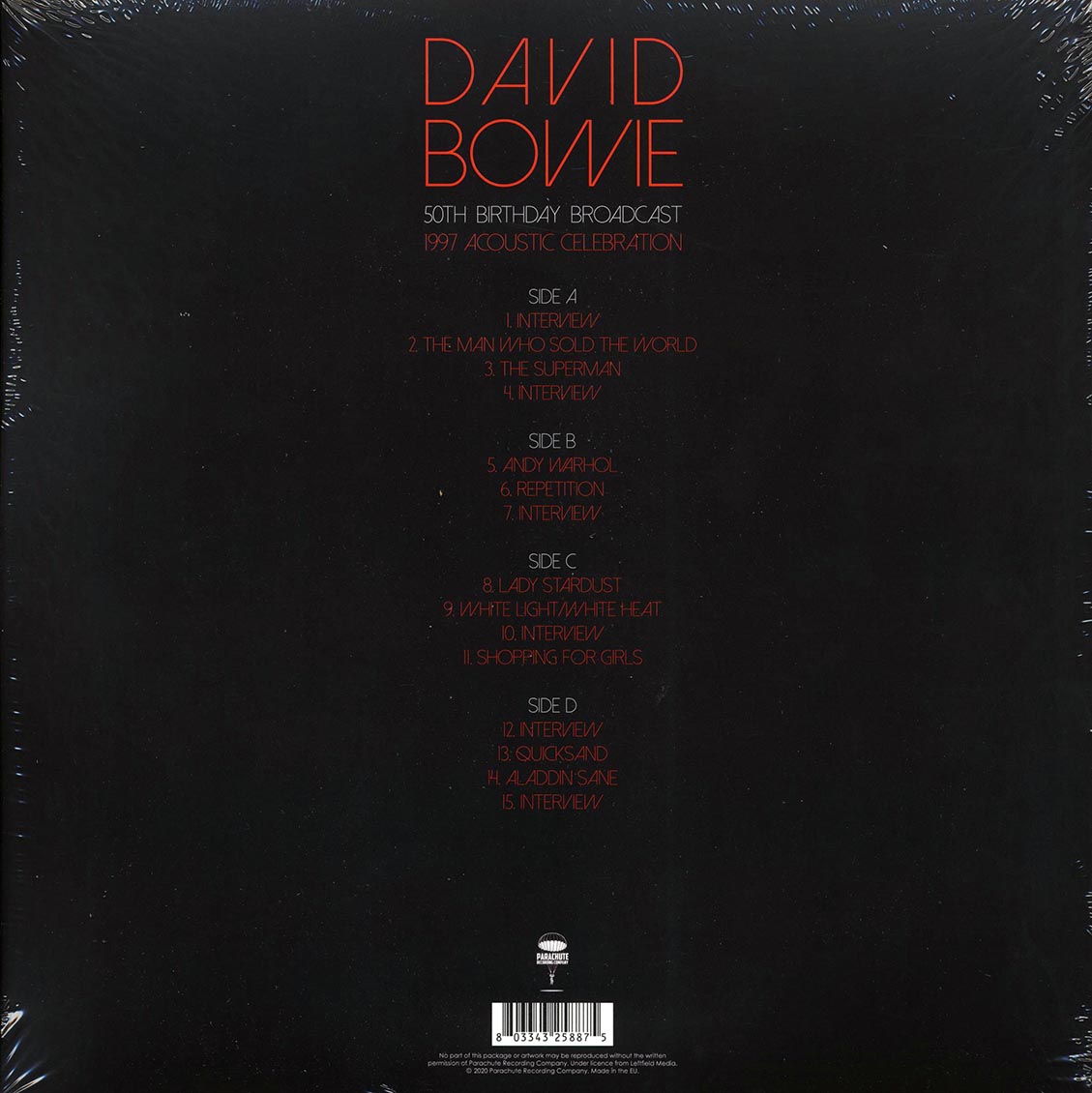 David Bowie - 50th Birthday Broadcast: 1997 Acoustic Celebration (2xLP) vinyl LP back cover
