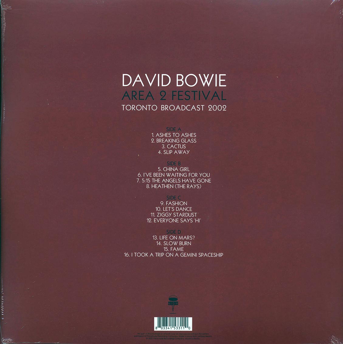 David Bowie - Area 2 Festival: Toronto Broadcast 2002 (2xLP) vinyl LP back cover