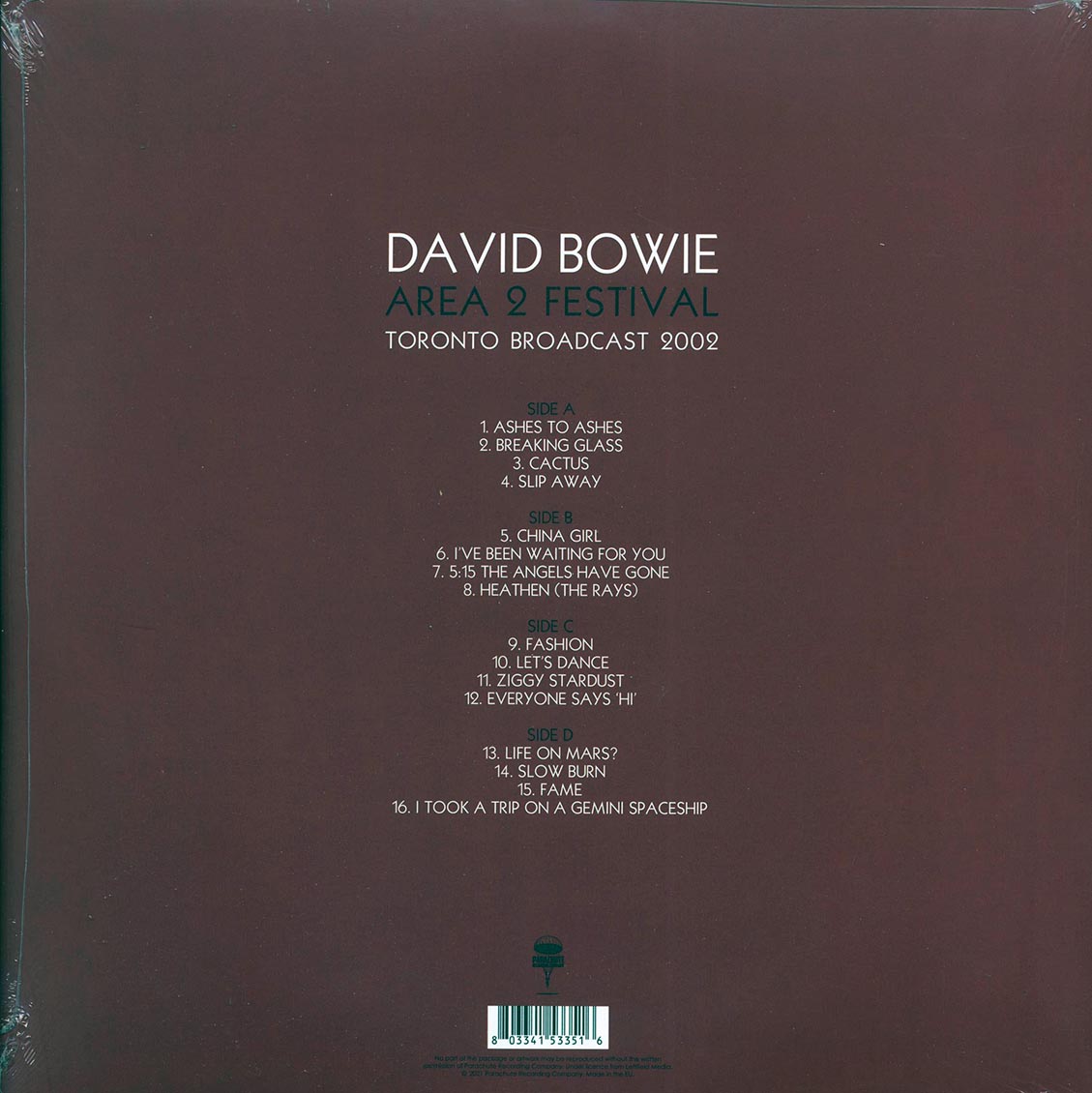David Bowie - Area 2 Festival: Toronto Broadcast 2002 (ltd. ed.) (2xLP) (white vinyl) vinyl LP back cover