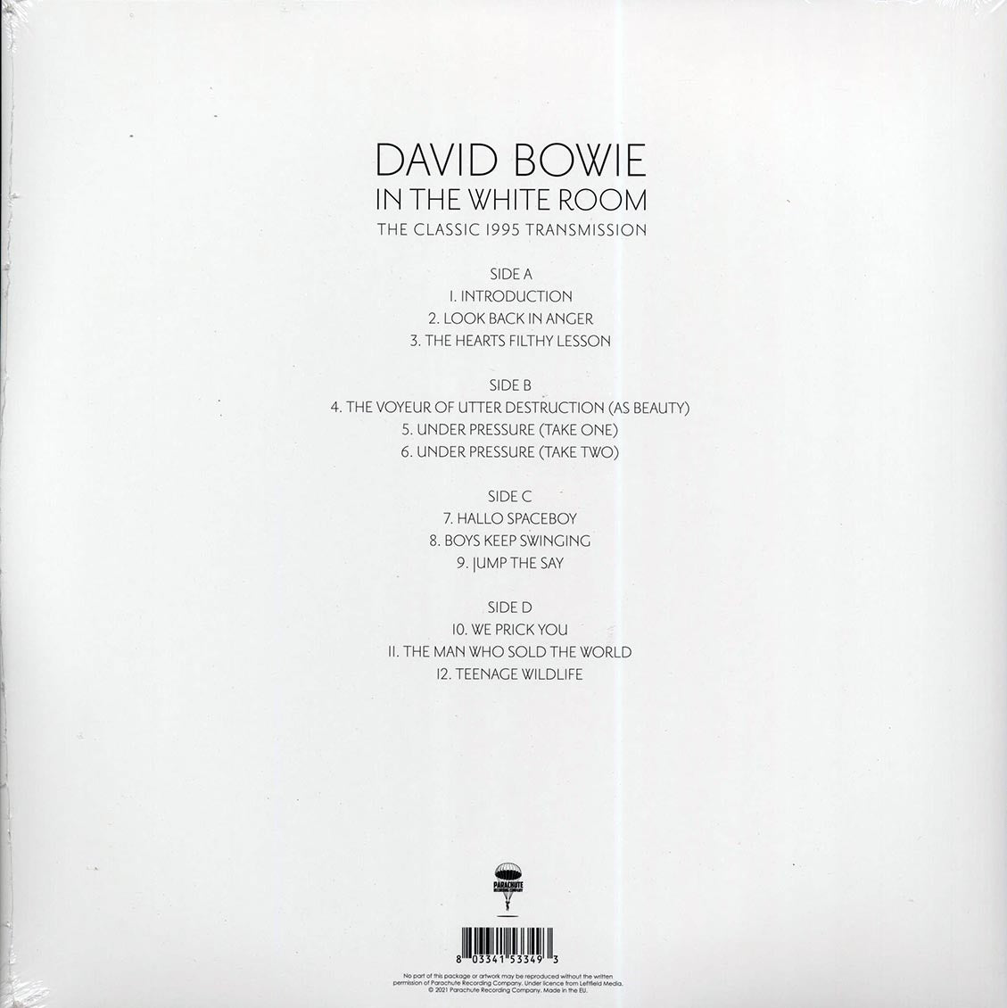 David Bowie - In The White Room: The Classic 1995 Transmission, Westway Studios, London, 14th December 1995 (ltd. ed.) (2xLP) (clear vinyl) vinyl LP back cover