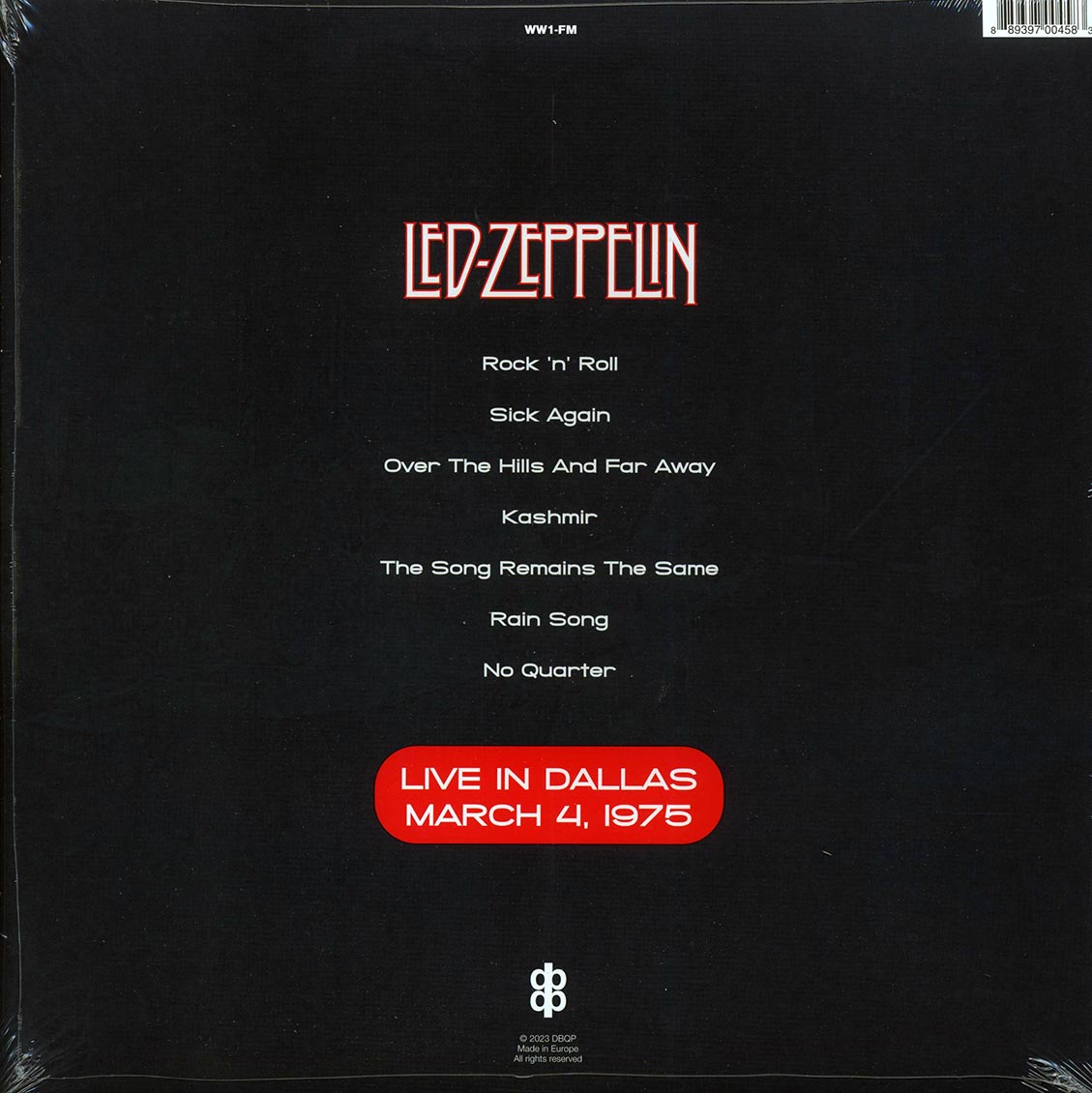 Led Zeppelin - Live In Dallas, March 4, 1975 vinyl LP back cover