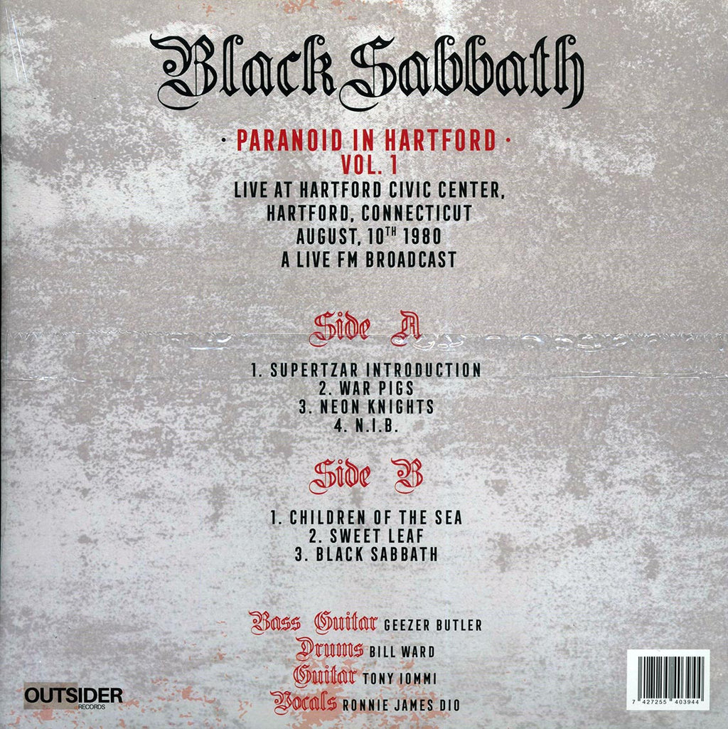 Black Sabbath - Paranoid In Hartford Volume 1: Live At Hartford Civic Center, Hartford Connecticut August 10th 1980 (red vinyl) vinyl LP back cover