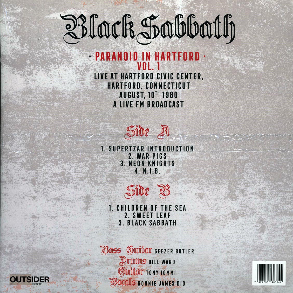 Black Sabbath - Paranoid In Hartford Volume 1: Live At Hartford Civic Center, Hartford Connecticut August 10th 1980 (red vinyl) vinyl LP back cover