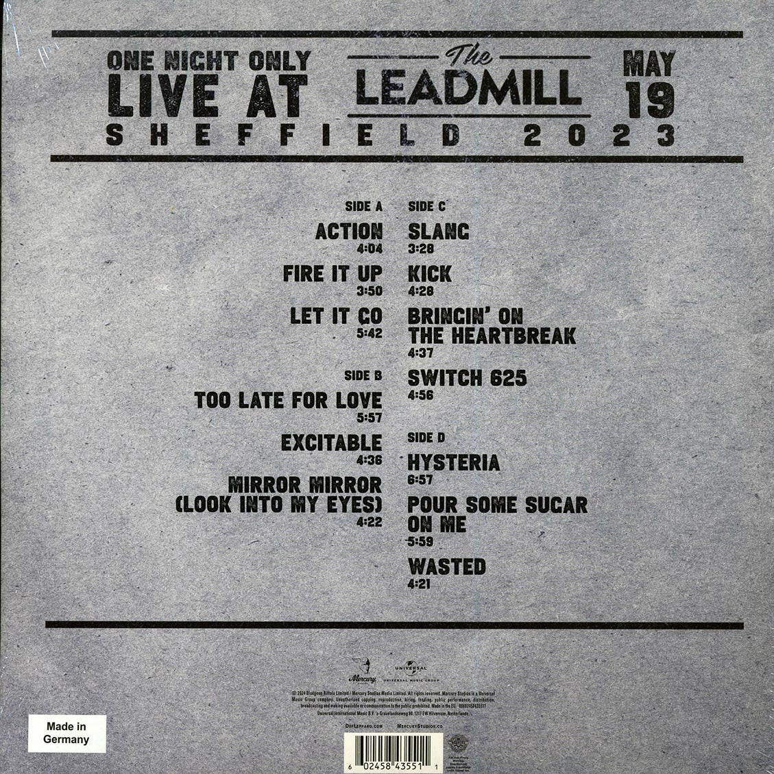 Def Leppard - One Night Only: Live At The Leadmill 2023 (RSD 2024) (ltd. ed.) (2xLP) (grey vinyl) vinyl LP back cover
