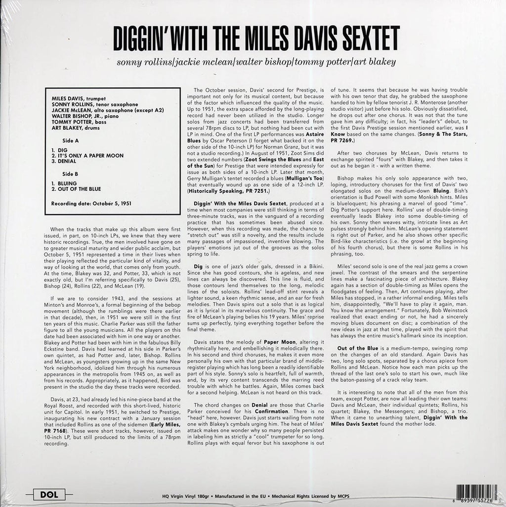 Miles Davis Sextet - Diggin' With Miles Davis Sextet (180g) vinyl LP back cover