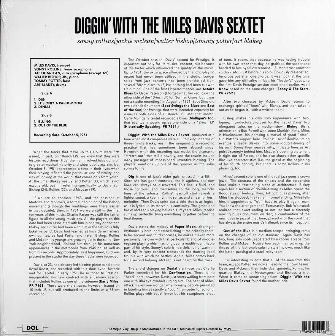 Miles Davis Sextet - Diggin' With Miles Davis Sextet (180g) vinyl LP back cover