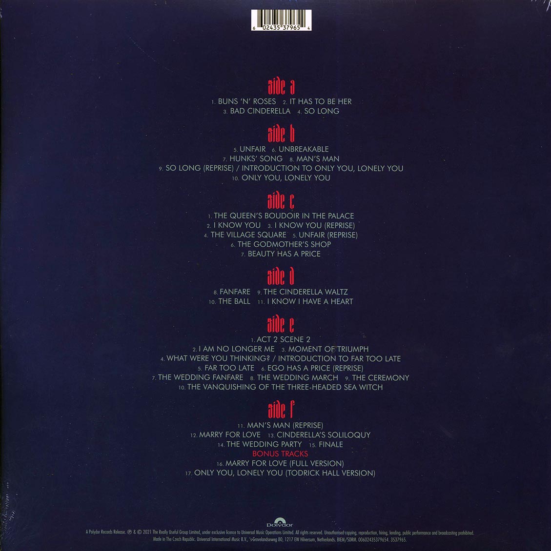 Andrew Lloyd Webber - Cinderella (3xLP) vinyl LP back cover