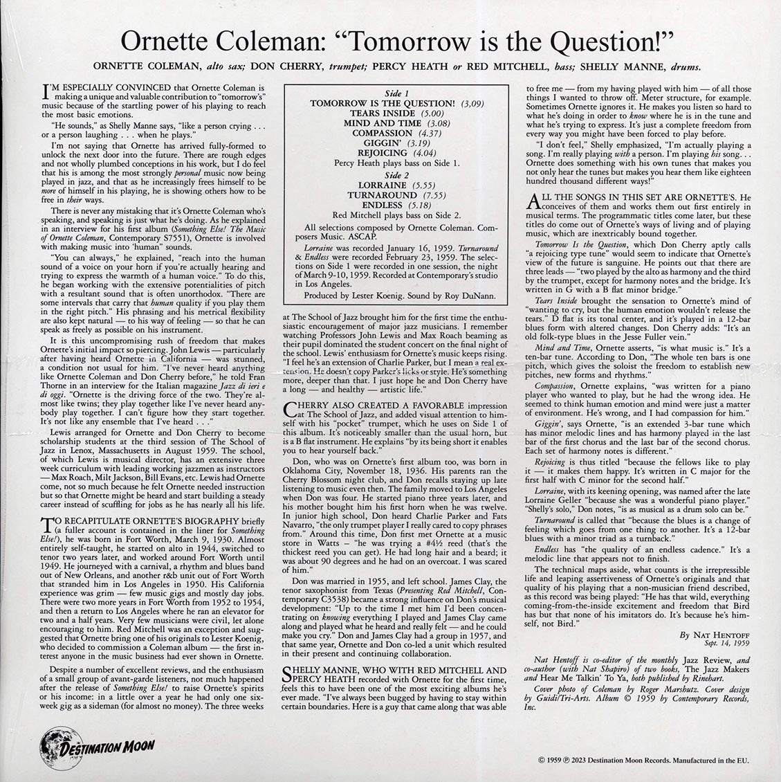 Ornette Coleman - Tomorrow Is The Question (ltd. 500 copies made) (clear vinyl) vinyl LP back cover