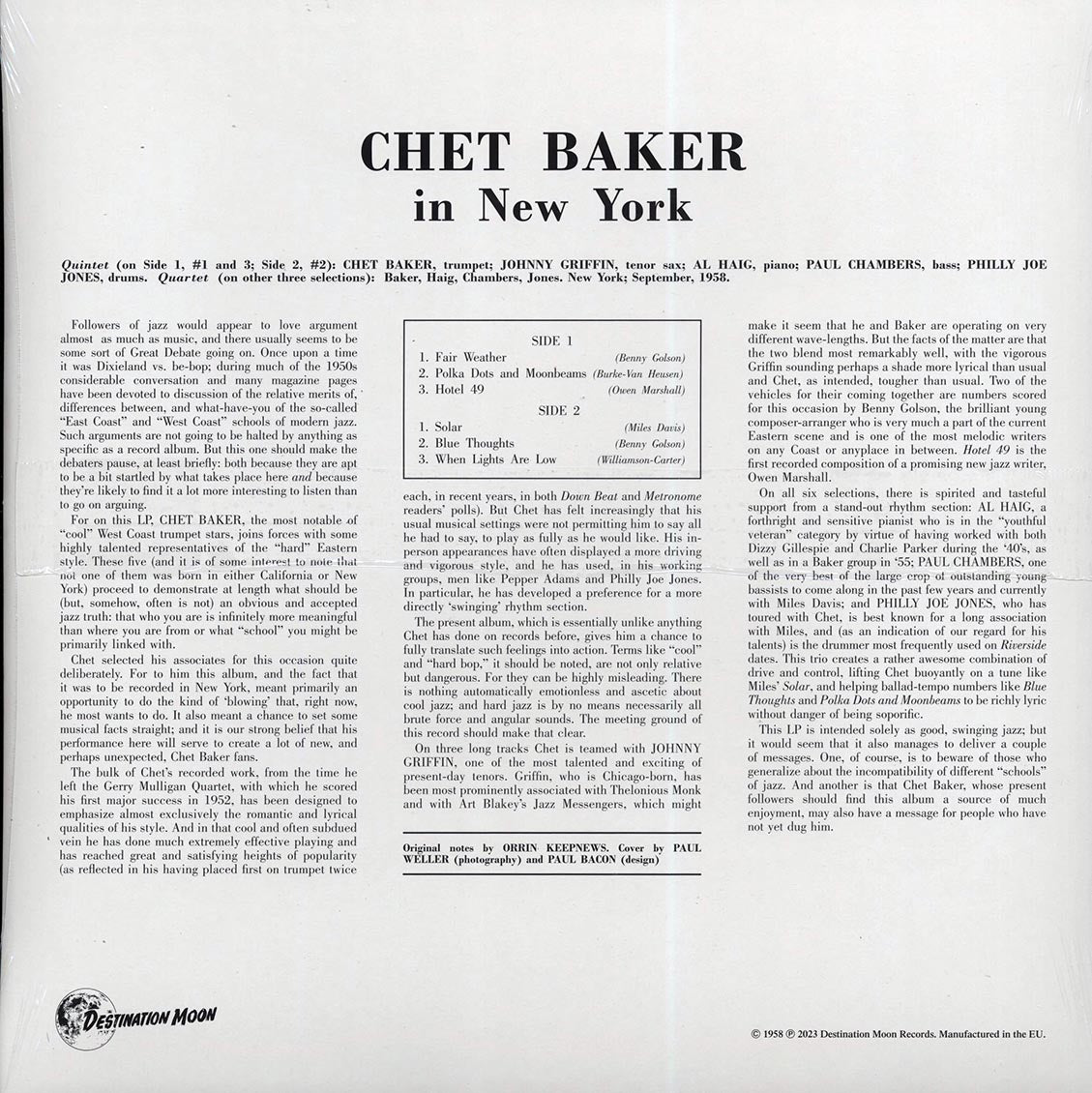 Chet Baker - In New York (ltd. 500 copies made) (clear vinyl) vinyl LP back cover