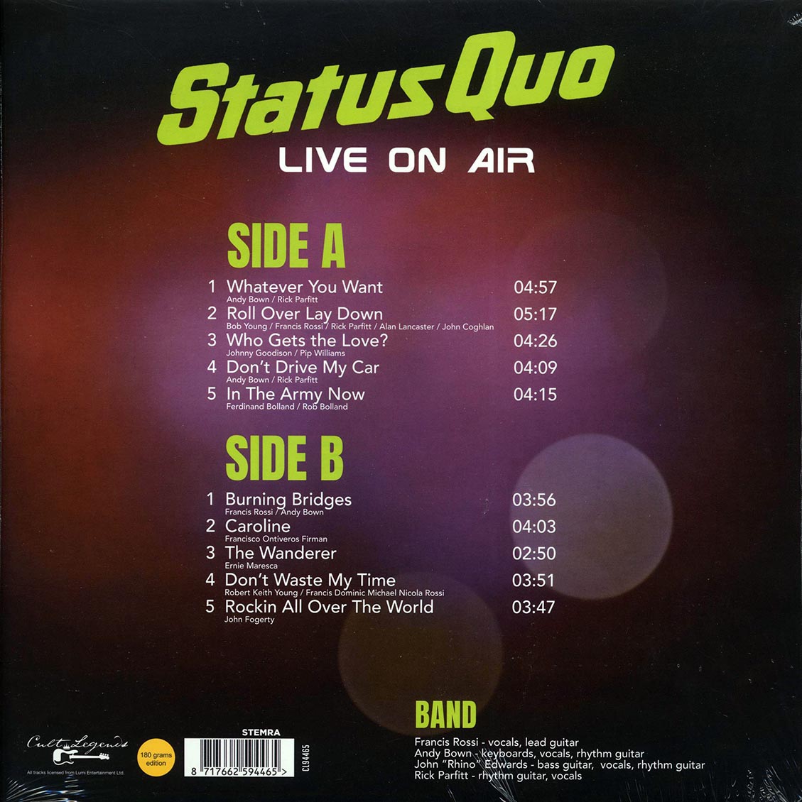 Status Quo - Live On Air vinyl LP back cover
