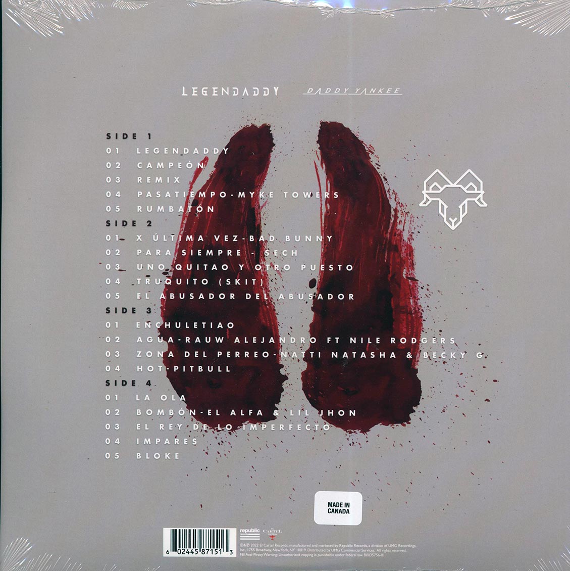 Daddy Yankee - LegenDaddy (2xLP) vinyl LP back cover